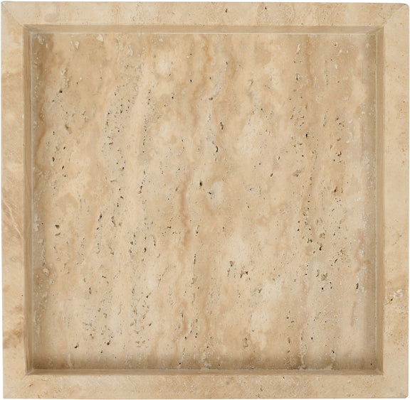 Beige travertine tray with recessed square basin and detailed stone variation