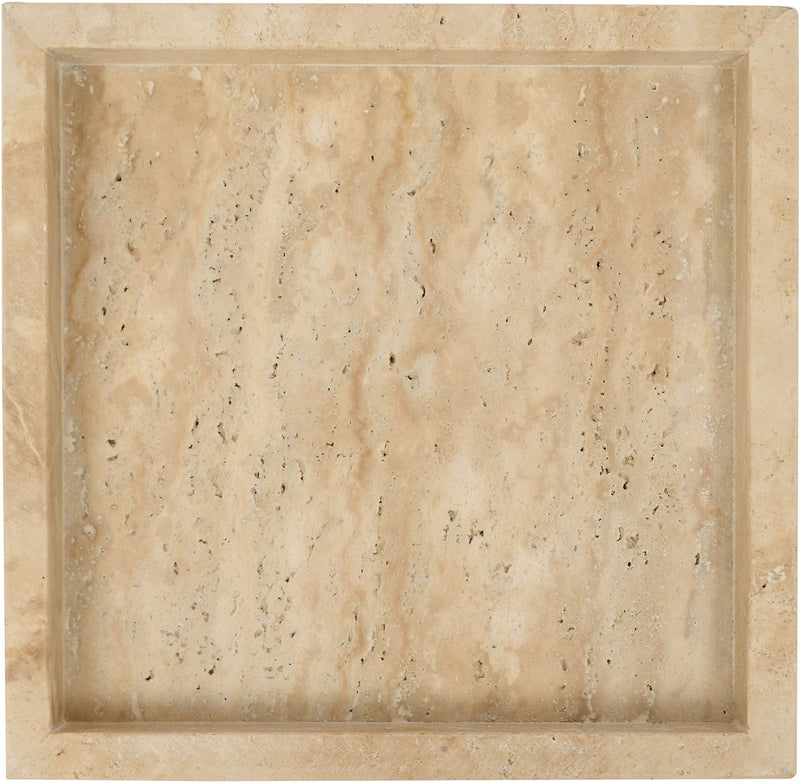 Beige travertine tray with recessed square basin and detailed stone variation