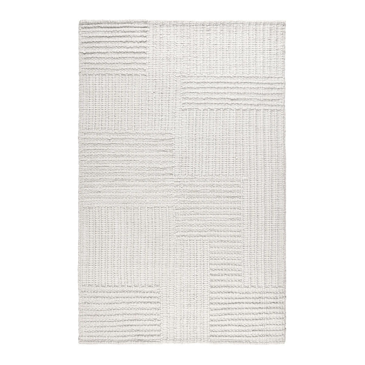 Clayton ivory area rug showing a woven patchwork of textured rectangular blocks