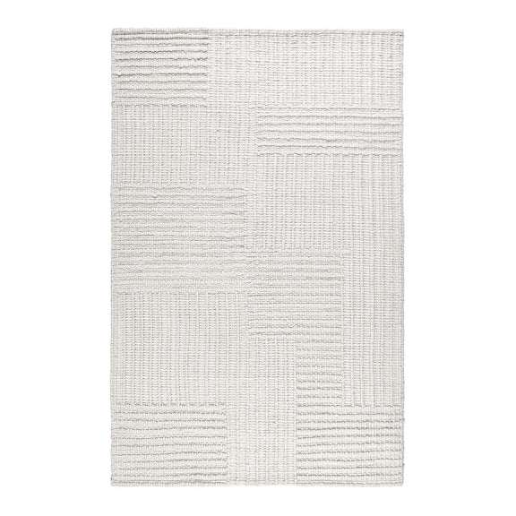 Clayton ivory area rug showing a woven patchwork of textured rectangular blocks