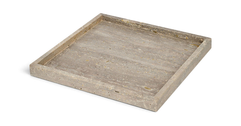 Beige and gray marble tray with flat square surface and low raised rim