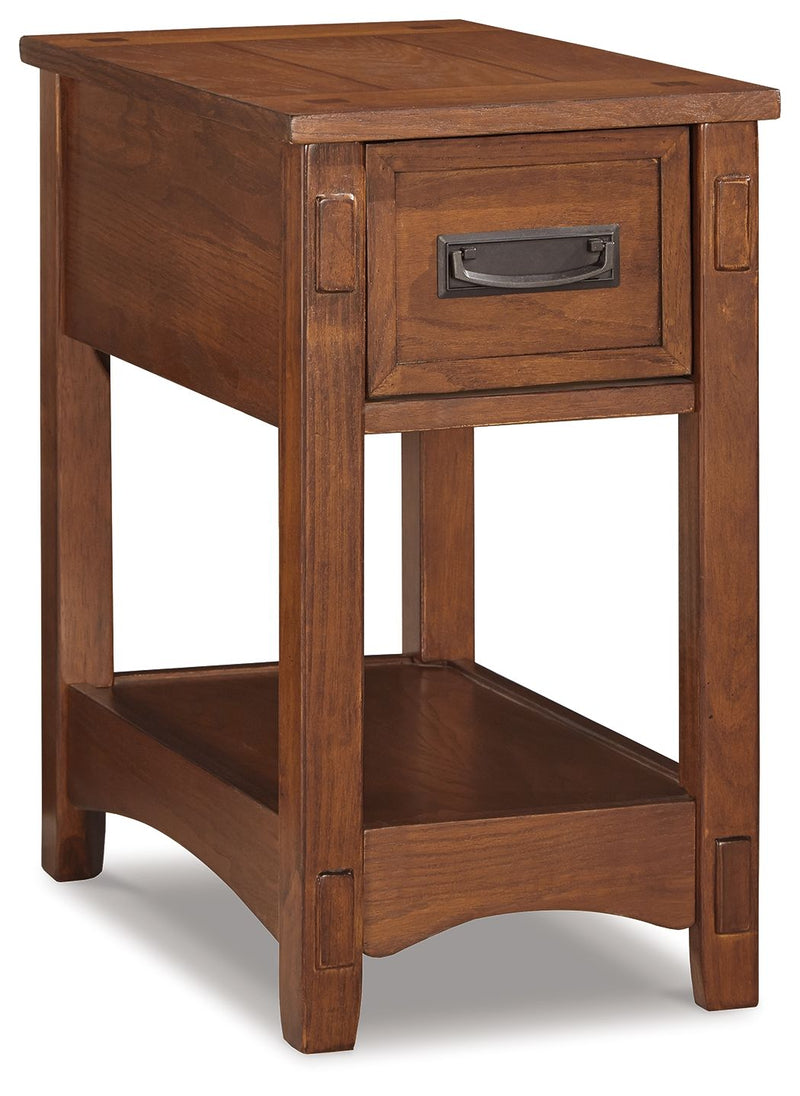 Brown wooden chair side end table with 1 drawer and lower open shelf
