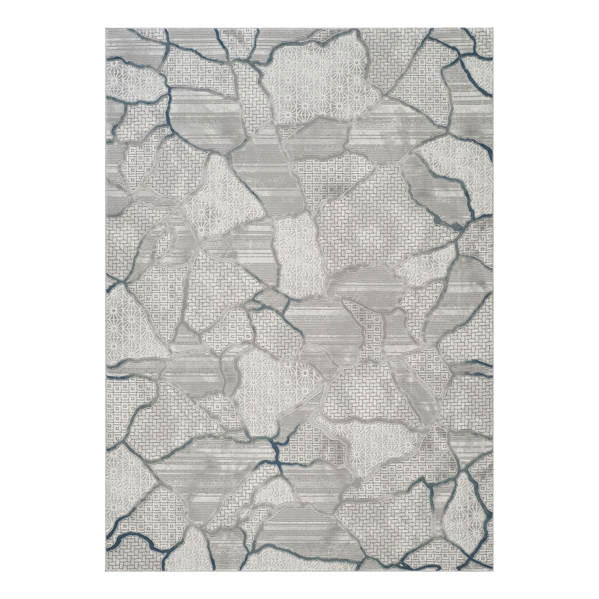 Gray and ivory geometric 3D effect area rug with blue line accents