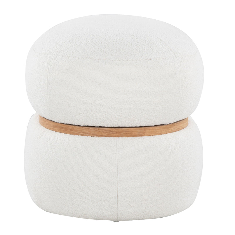 White pouf ottoman with warm wood band detail and rounded two-piece design