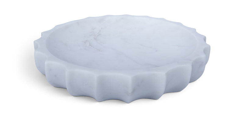 White genuine marble bowl with smooth surface and scalloped rim edges