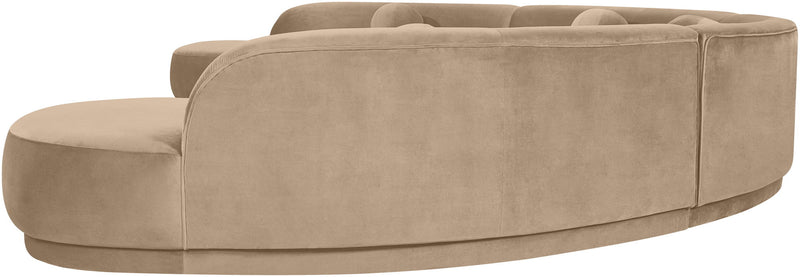 Taupe velvet performance sectional sofa with chaise and rounded seat cushions