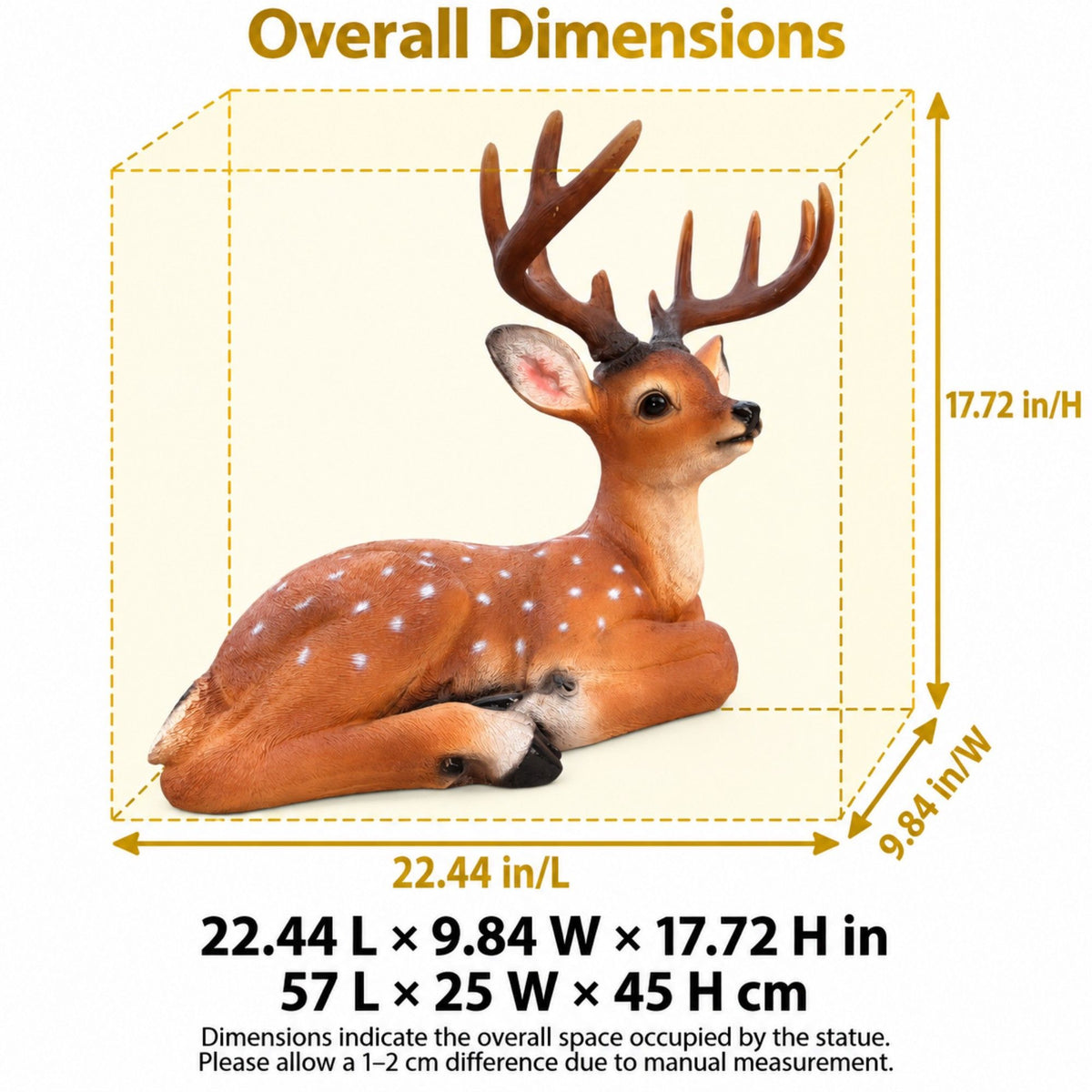 Lying deer garden statue with antlers; measures 22.44 by 9.84 by 17.72 inches