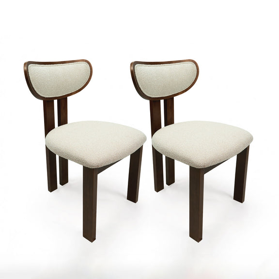 Pair of beige upholstered dining chairs with curved backs and dark wood frames