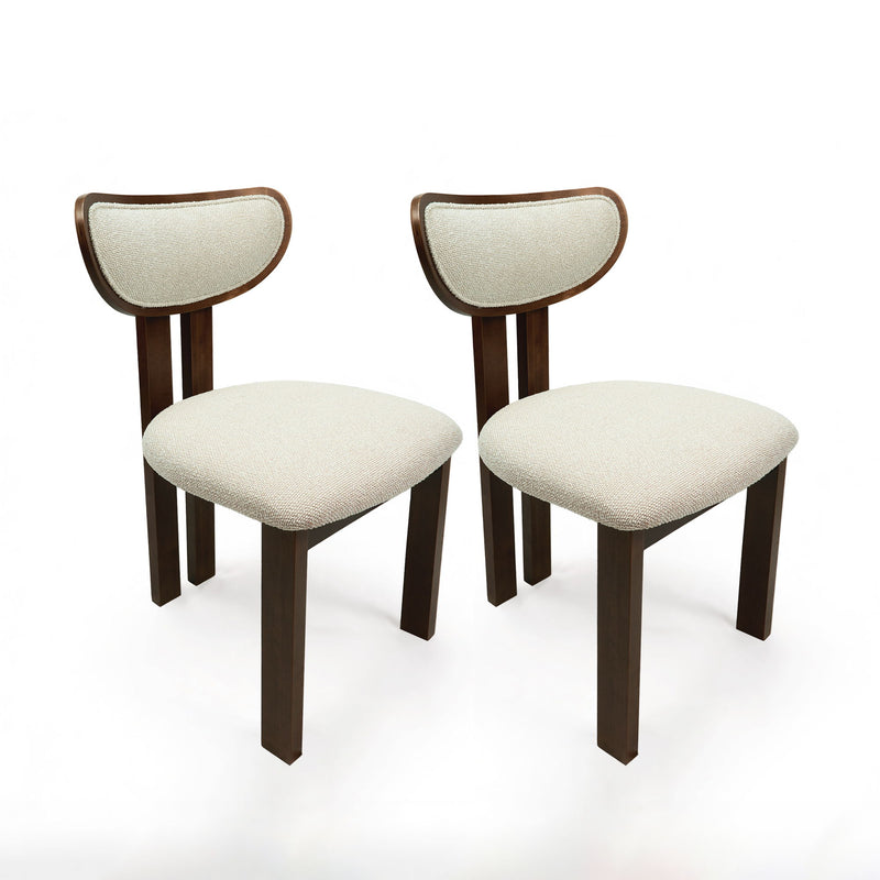 Pair of beige upholstered dining chairs with curved backs and dark wood frames