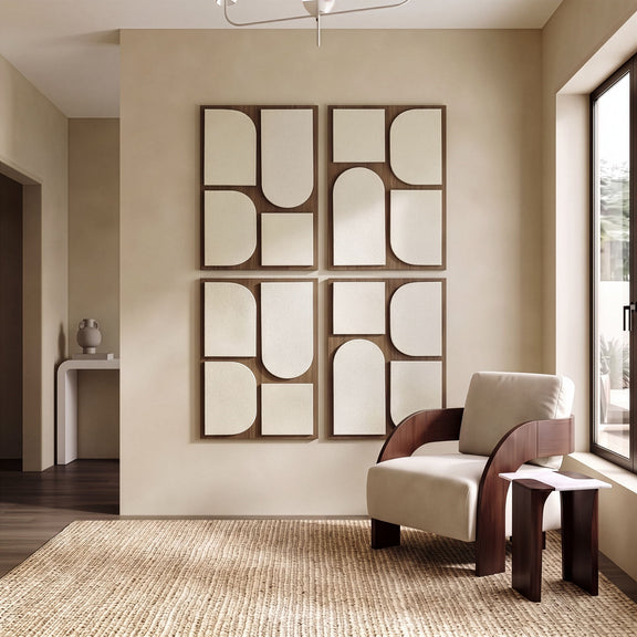 4-piece wood wall art set with dark frame featuring cream abstract block and arch shapes