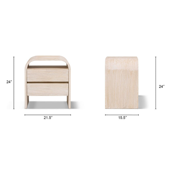 White-washed side table shown from the front and side, with dimensions marked