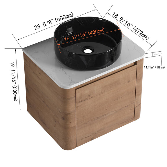Wall-mounted vanity with black vessel sink, light wood cabinet—23 5/8 in wide