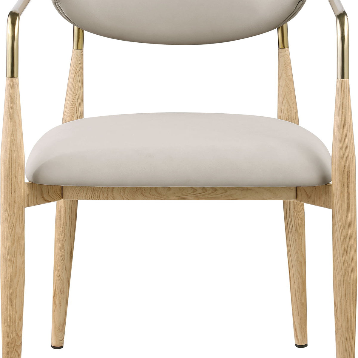 Vegan leather dining arm chair with light cream upholstery, curved armrests, natural wood legs