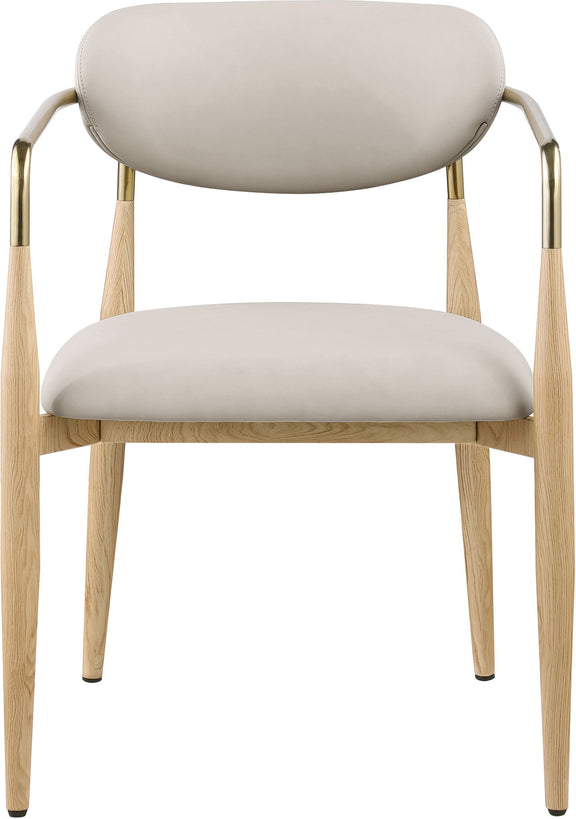 Vegan leather dining arm chair with light cream upholstery, curved armrests, natural wood legs