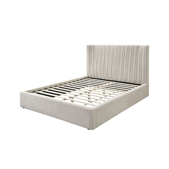 Beige upholstered bed with vertical ribbed headboard and slat-style platform base