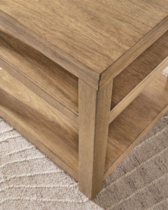 Natural wood end table corner with visible wood grain and open shelf edge