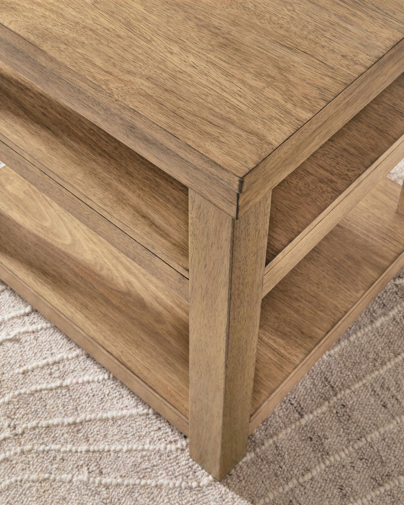 Natural wood end table corner with visible wood grain and open shelf edge