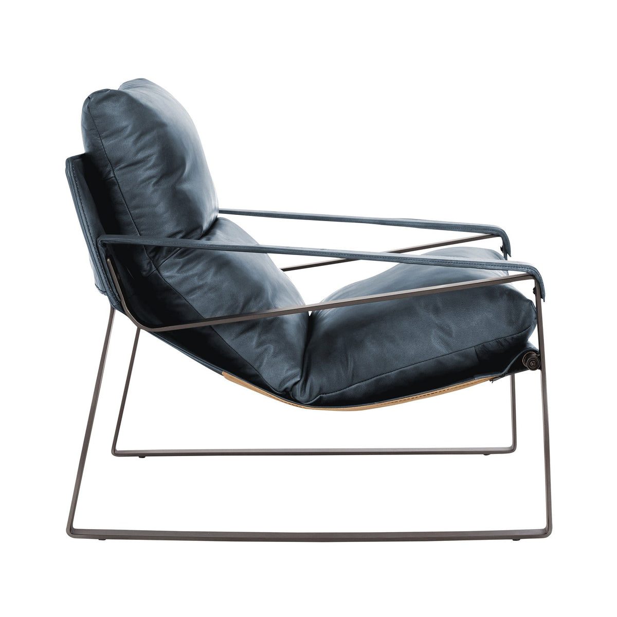Blue accent chair side view with curved cushioned seat, back pillow, and metal base