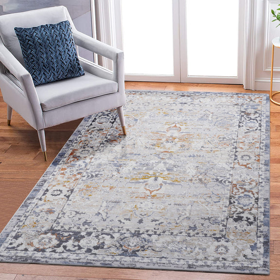 Traditional area rug, ivory base with gray-blue distressed pattern and border, 6x9 ft.