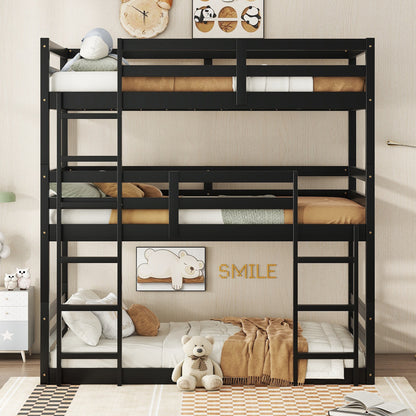 Triple Rubber Wood Bunk Bed with Two Built-in Ladders, Guardrails, Twin over Twin over Twin, Detachable Triple Twin Bunk Bed, Black