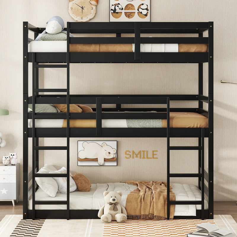 Triple Rubber Wood Bunk Bed with Two Built-in Ladders, Guardrails, Twin over Twin over Twin, Detachable Triple Twin Bunk Bed, Black