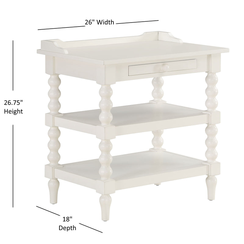 Aria - Nightstand With Styling, 2 Shelves, Pull Out Tray, Spool Turned Legs - Antique White