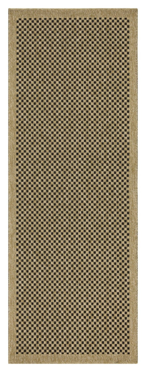 Light brown area rug with black-and-brown check pattern center and solid border