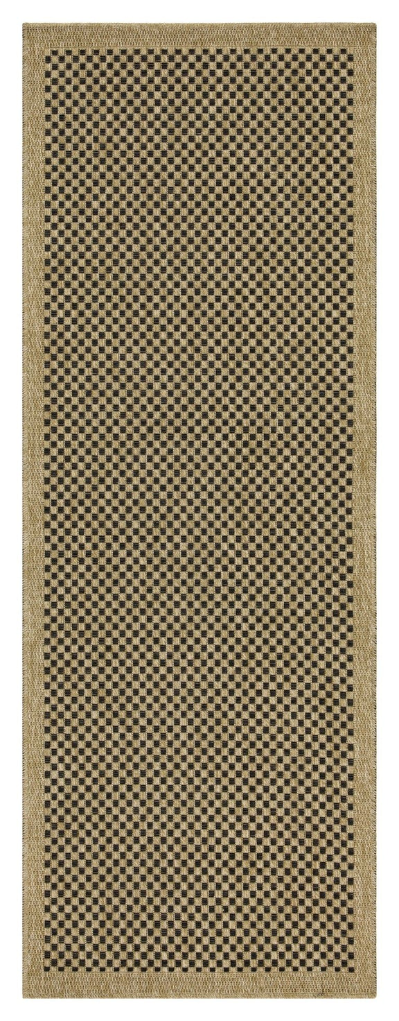 Light brown area rug with black-and-brown check pattern center and solid border