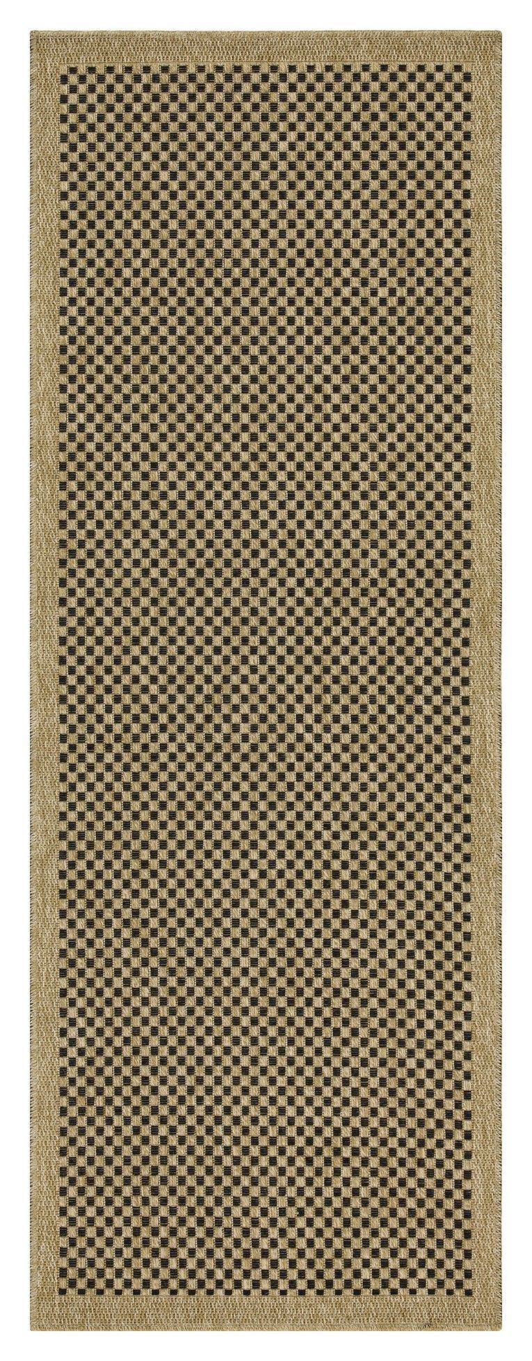 Light brown area rug with black-and-brown check pattern center and solid border