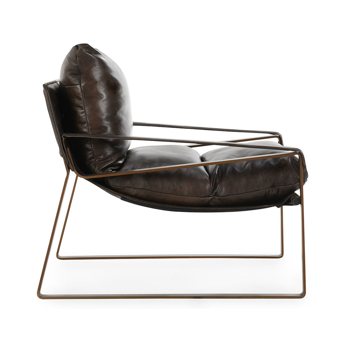 Dark brown accent chair side view with padded seat, backrest, and metal base frame