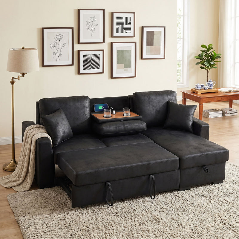 Black sectional with pull-out bed and chaise storage, seat cushions shown