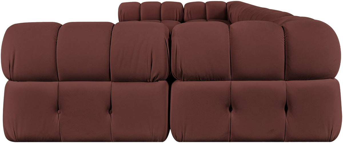 Dark red U-shaped modular sectional sofa with tufted cushions and rounded armrests