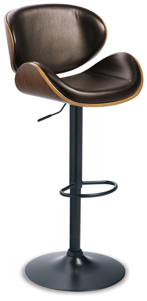 Tall swivel barstool with dark gray upholstered seat and brown wood back and base