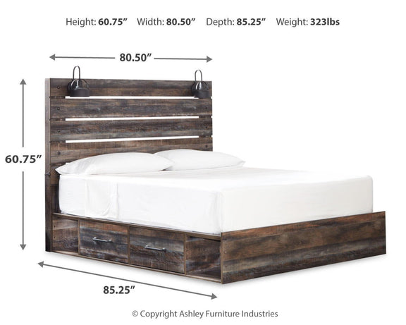 Panel bed with dark wood finish, slat headboard, and side drawers under the base