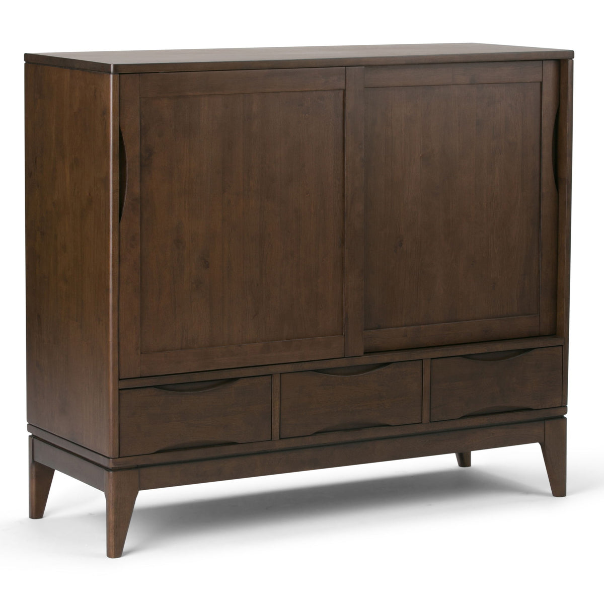 Handcrafted storage cabinet with two doors and three drawers, dark wood finish