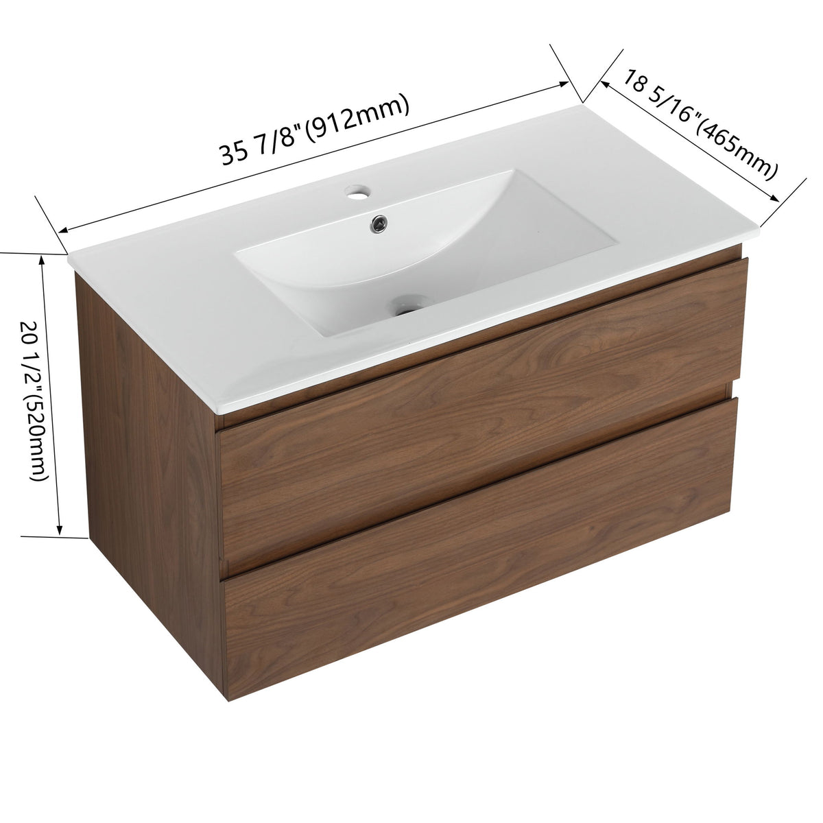 Wall mounted vanity with white sink and two drawer fronts, dark brown wood finish