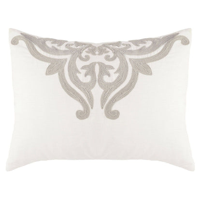Ivory sham pillow with gray damask medallion and ornamental corner detailing