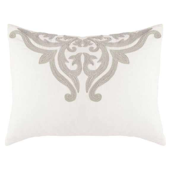 Ivory sham pillow with gray damask medallion and ornamental corner detailing