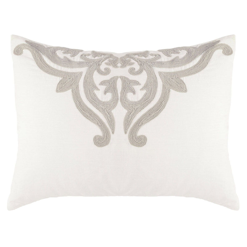 Ivory sham pillow with gray damask medallion and ornamental corner detailing
