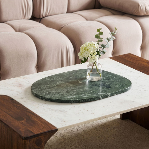 Genuine marble decorative tray, dark green oval with natural veining and polished finish