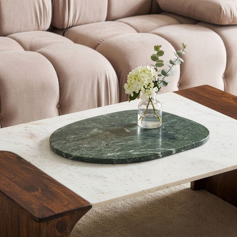 Genuine marble decorative tray, dark green oval with natural veining and polished finish