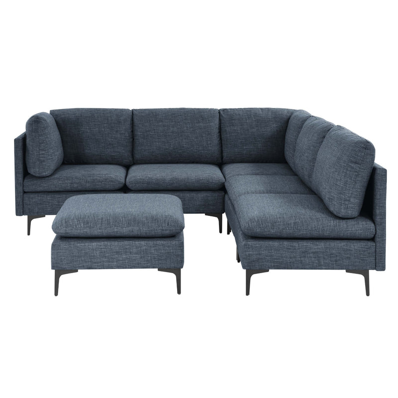 Dark gray upholstered sectional sofa with chaise seats and matching ottoman platforms