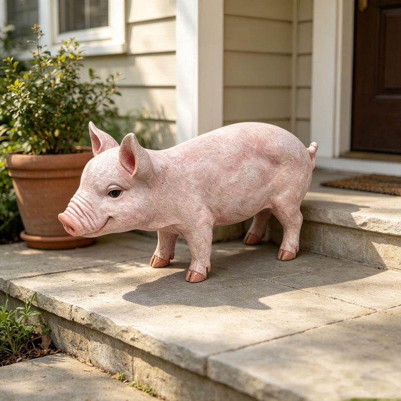 Baby pink pig statue figurine on stone steps, side profile with raised snout.