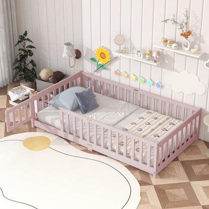 Twin Size Floor Bed with Fence and Door, Rubber Wood Floor Bed with Safety Guardrails, Pink