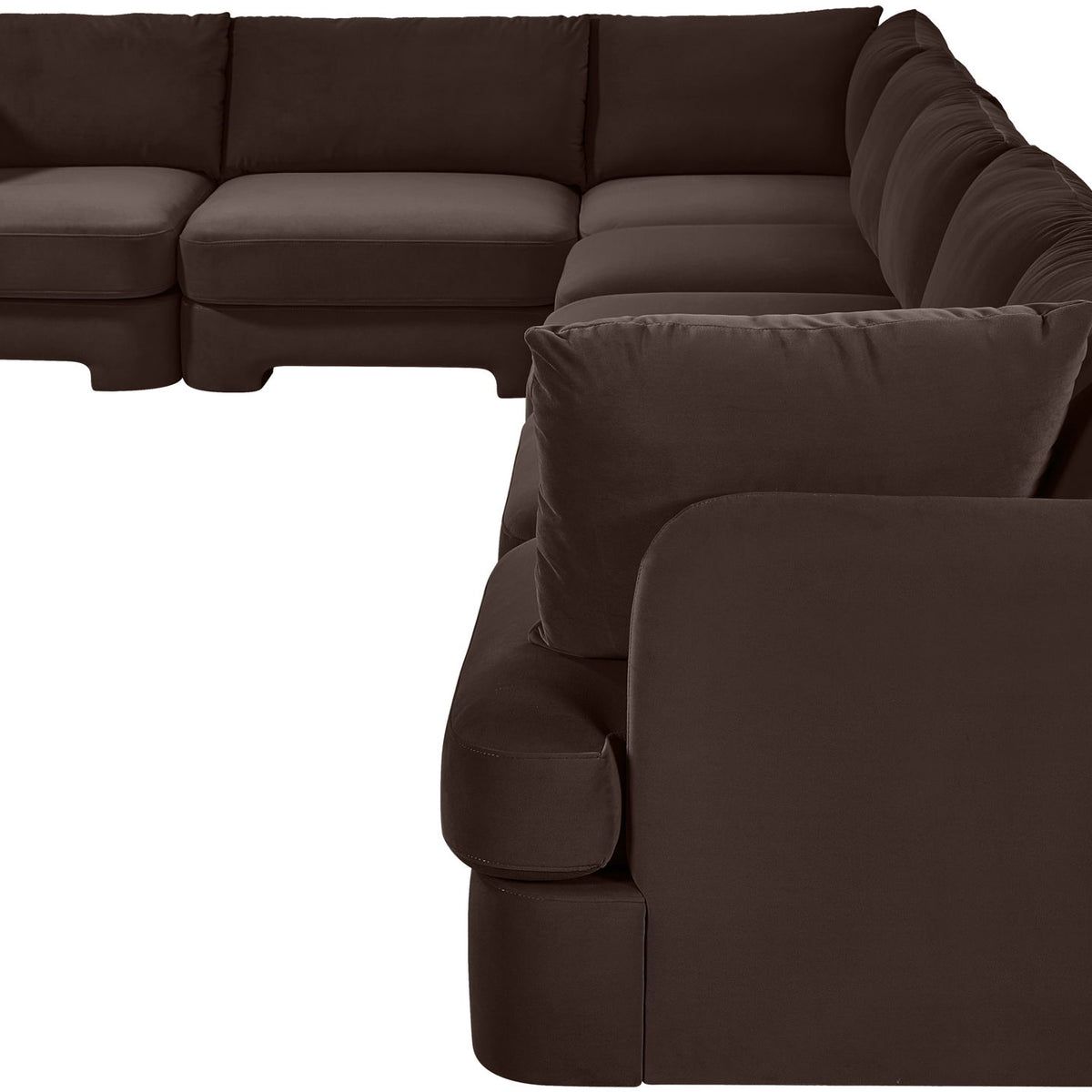 Dark brown velvet performance fabric sectional sofa with chaise and plush rounded arms
