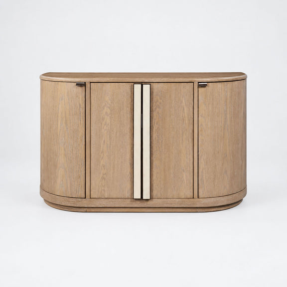 Beige wood server cabinet with two doors and a vertical metal pull center