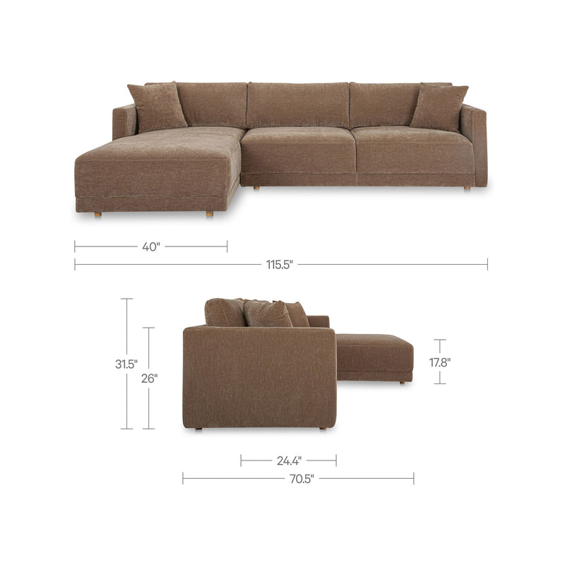 Camel-brown sectional sofa with left chaise; diagram shows dimensions