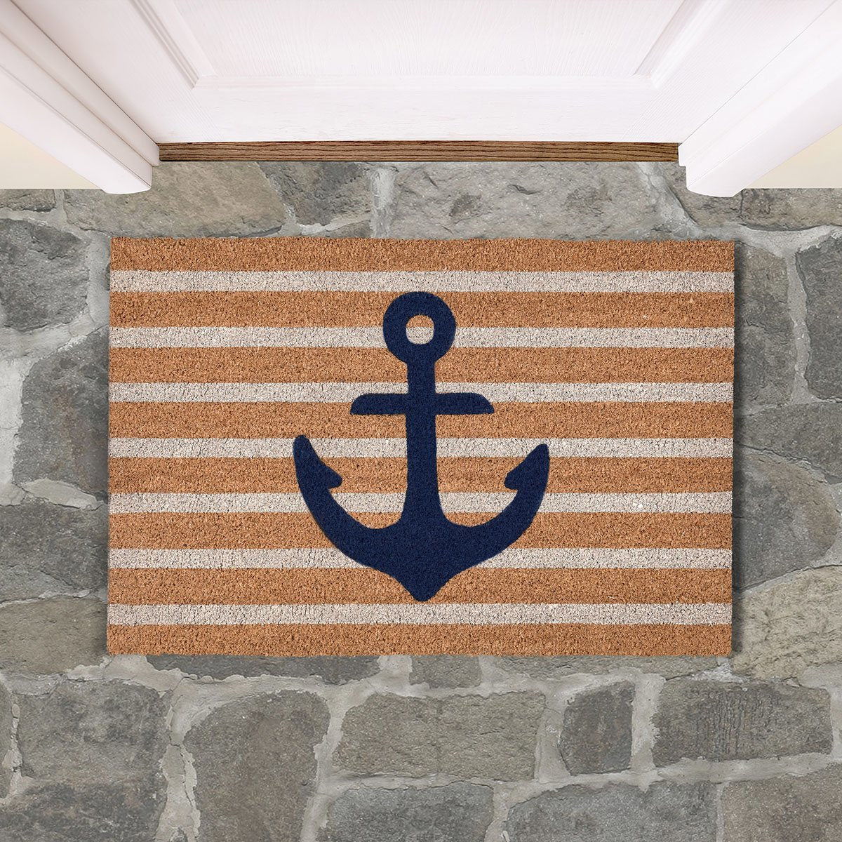 Navy anchor doormat with tan and white stripes, coir outdoor entry rug