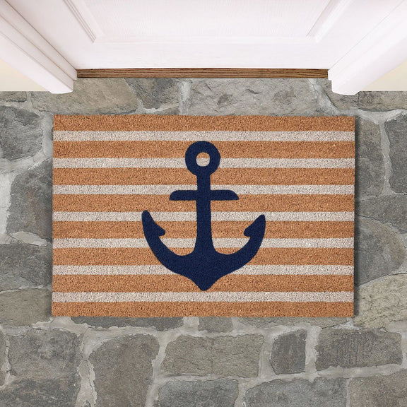 Navy anchor doormat with tan and white stripes, coir outdoor entry rug