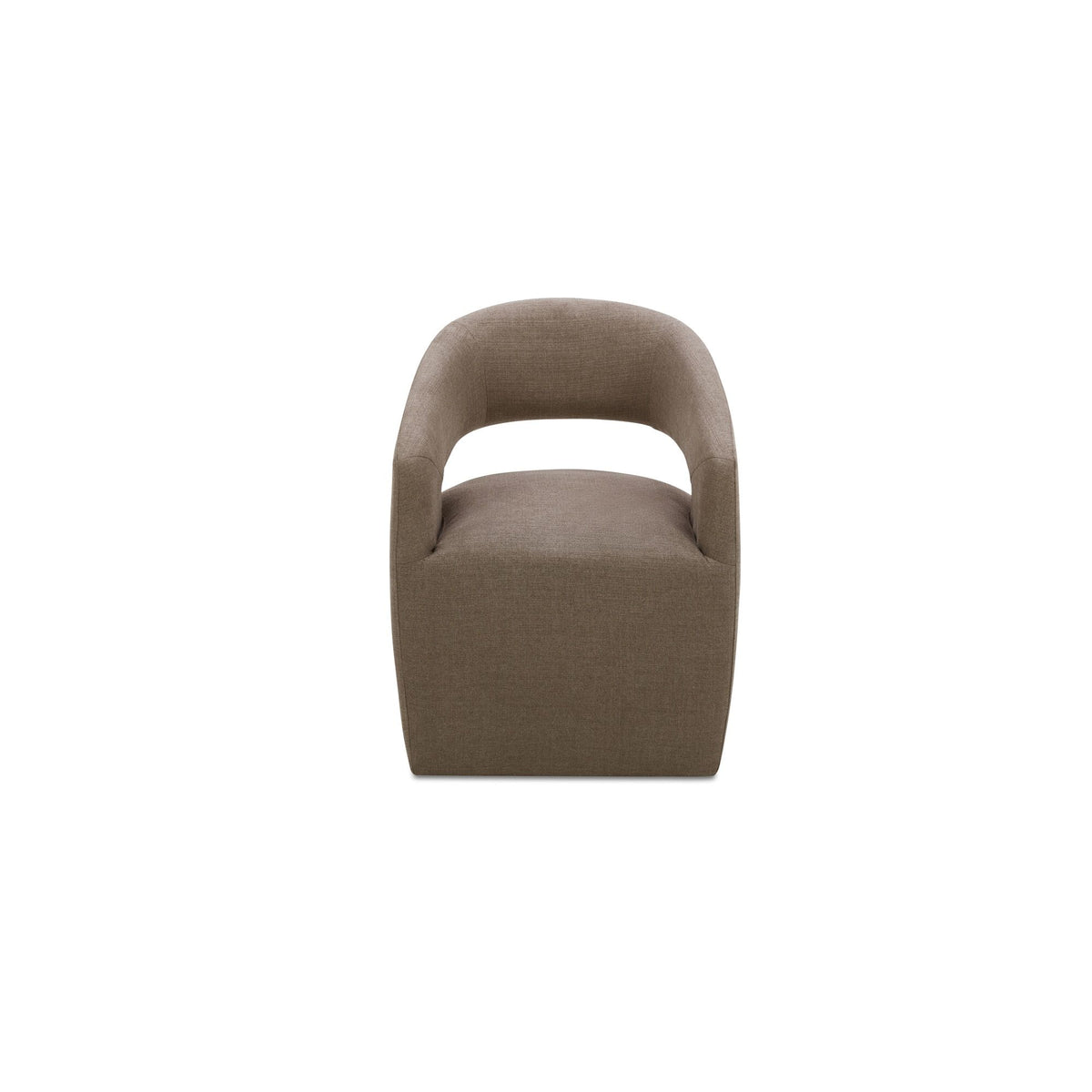 Soft taupe upholstered rolling dining chair with arched back and armrests